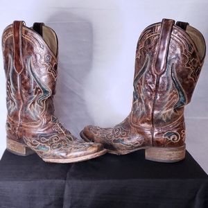 Corral Cognac and Olive Inlay Cowgirl Boot - Square Toe - A1040
